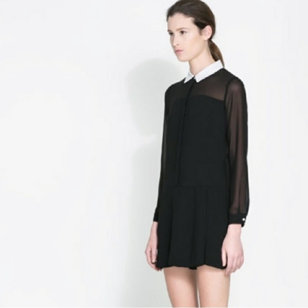 Zara Black Long-Sleeved Romper With White Collar